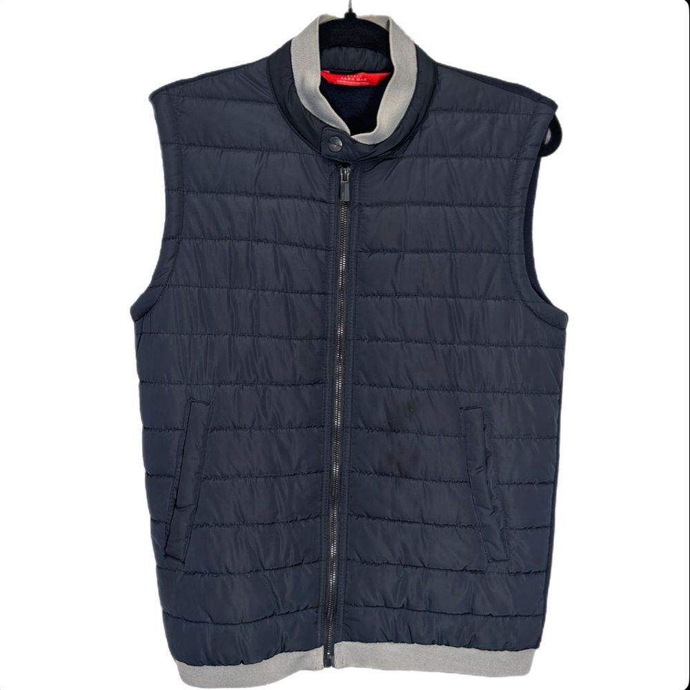 Zara Men’s Vest Jacket Blue Quilted Sleeveless Full Zip Pockets Size Medium